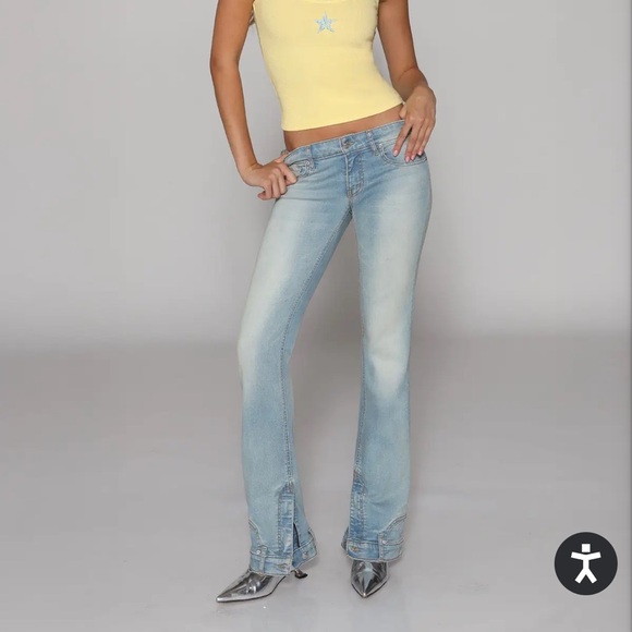 REVICE Denim - REVICE “FARRAH FLARE” Light Wash Flare Jeans in Pale Blue Waist Band Leg Opening